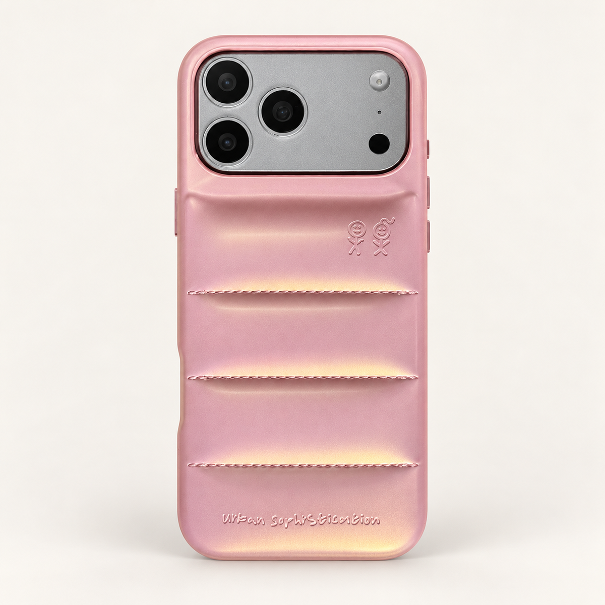 Full rear view of the Iridescent Pink puffer iPhone case in soft cream studio light.