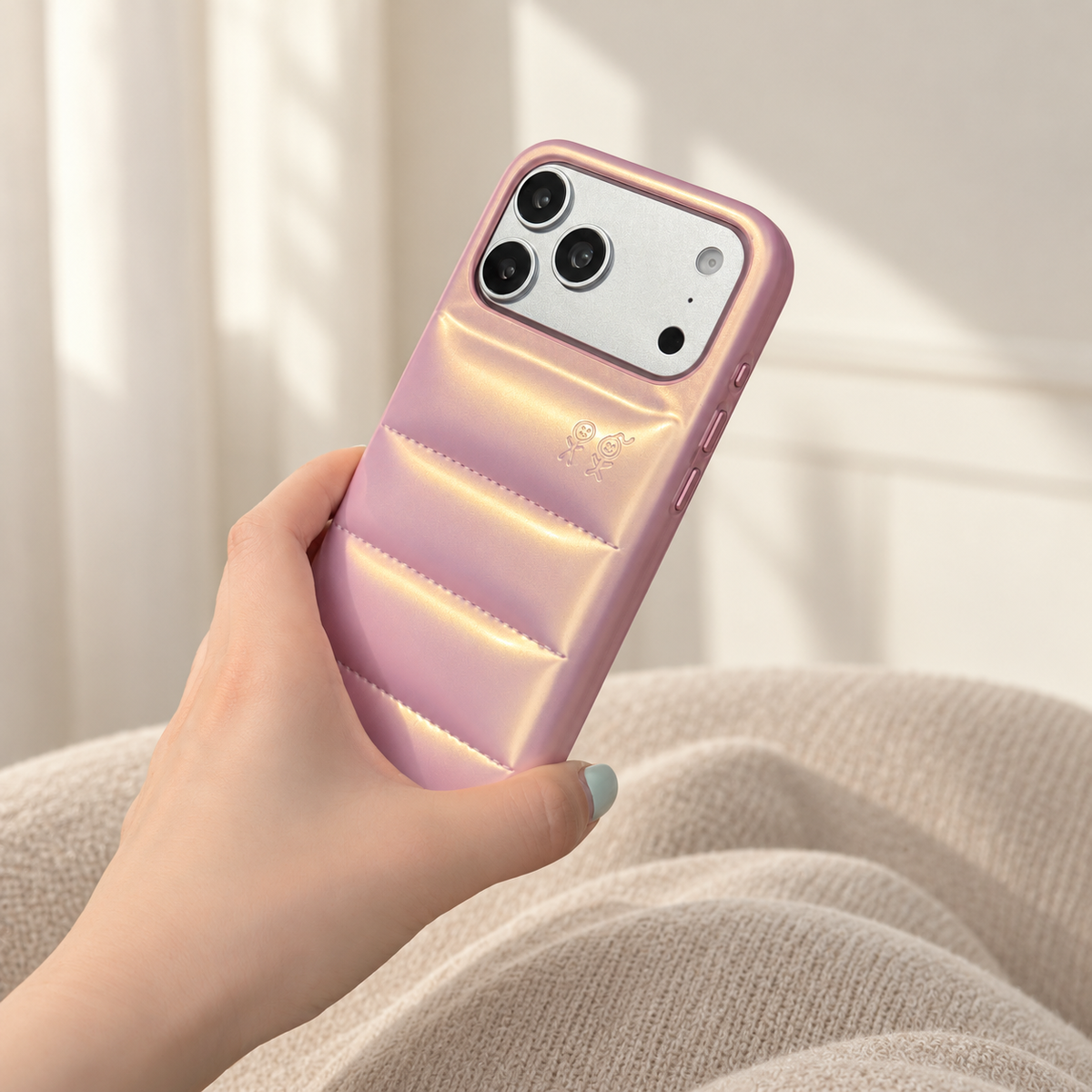 Iridescent Pink puffer phone case held at an angle, showing the raised sections and side details.