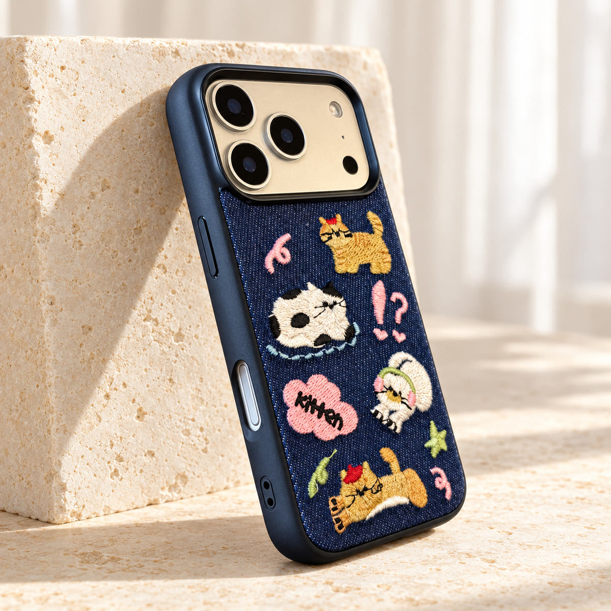 Kawaii Cat Embroidered Denim iPhone case — angled close view