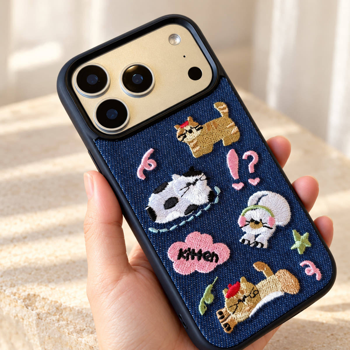Kawaii Cat Embroidered Denim iPhone case — camera close view