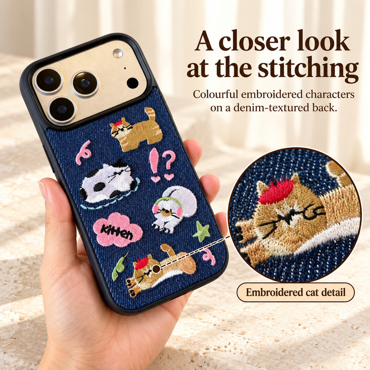 Kawaii Cat Denim case embroidery detail and fabric texture