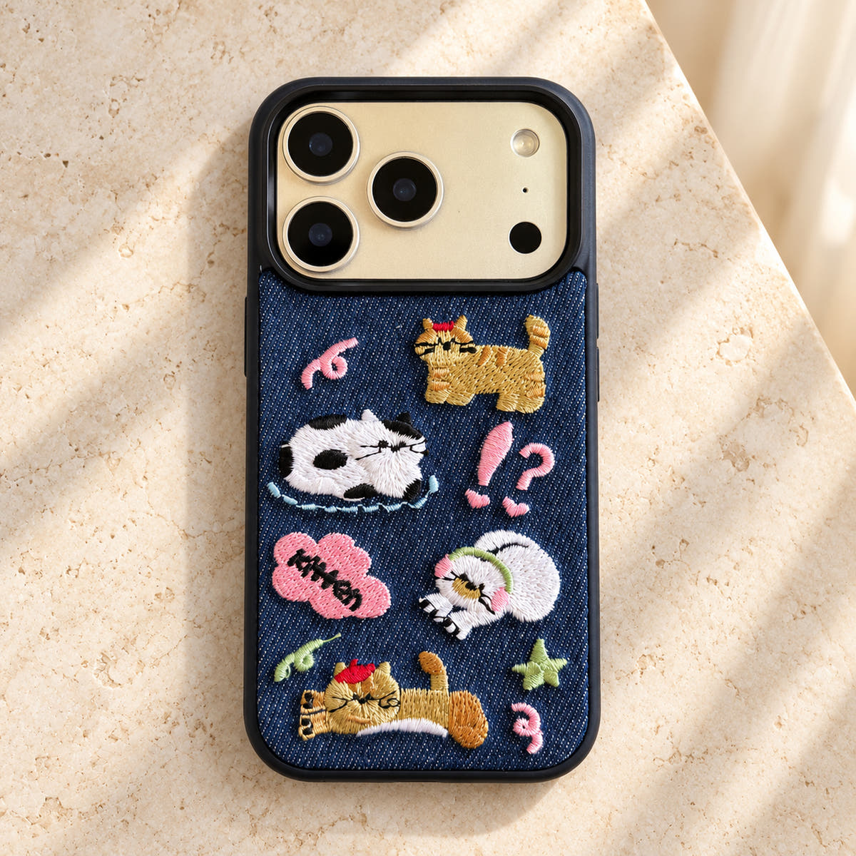 Kawaii Cat Embroidered Denim iPhone case — flatlay view