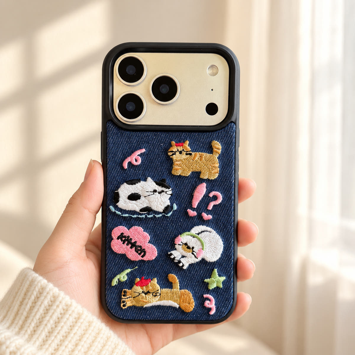 Kawaii Cat Embroidered Denim iPhone case — handheld relaxed view