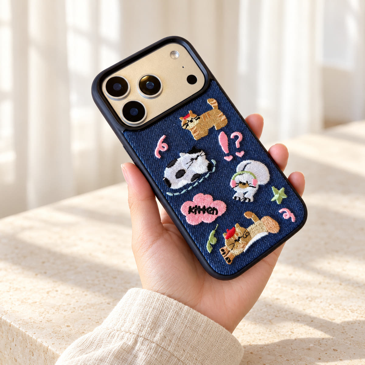 Kawaii Cat Embroidered Denim iPhone case — handheld window view