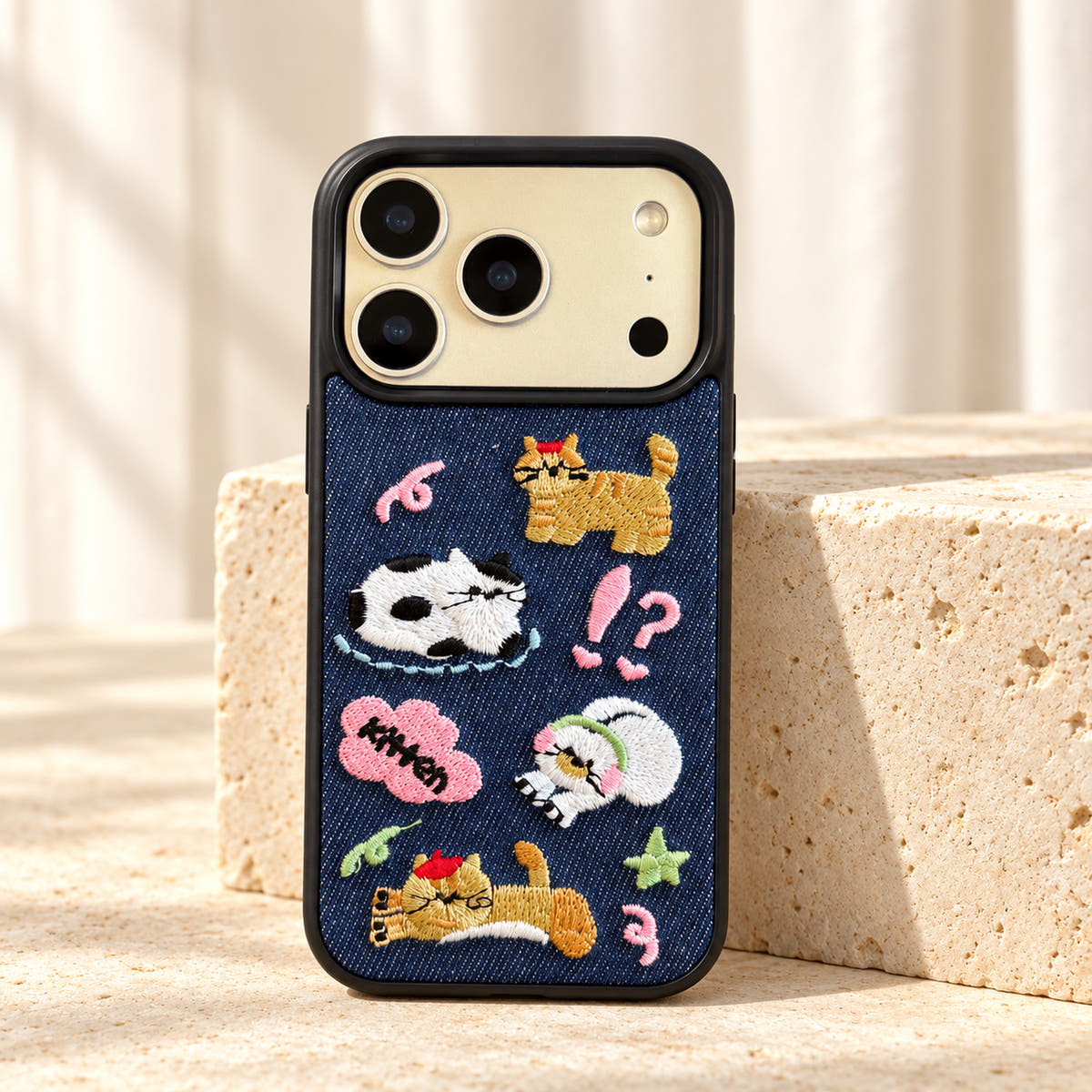 Kawaii Cat Embroidered Denim iPhone case — standing plinth view