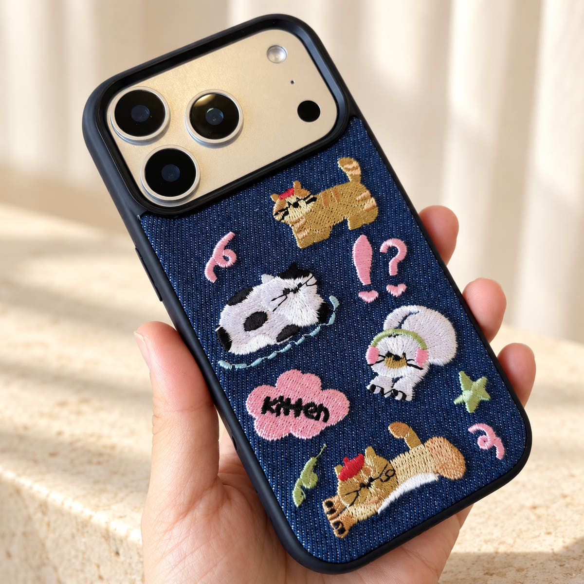 Kawaii Cat Embroidered Denim iPhone case — upper detail view