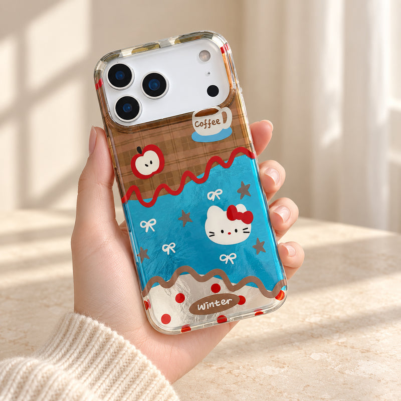 Kitty Dessert clear-frame iPhone case held upright showing its full back design