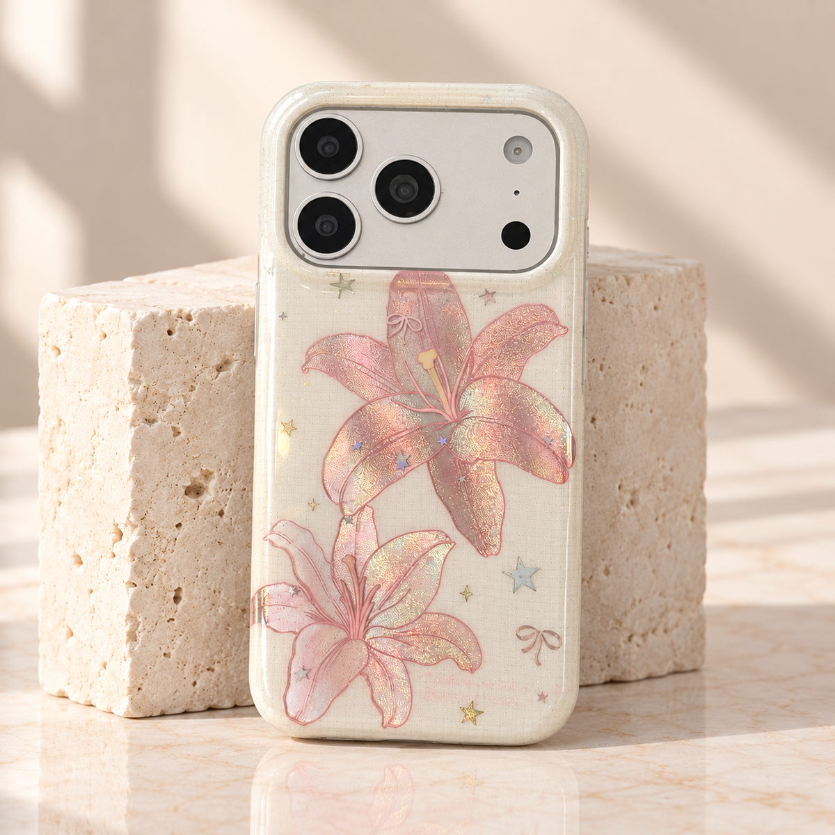 Slightly angled full rear view of the Blush Lily and Star case.