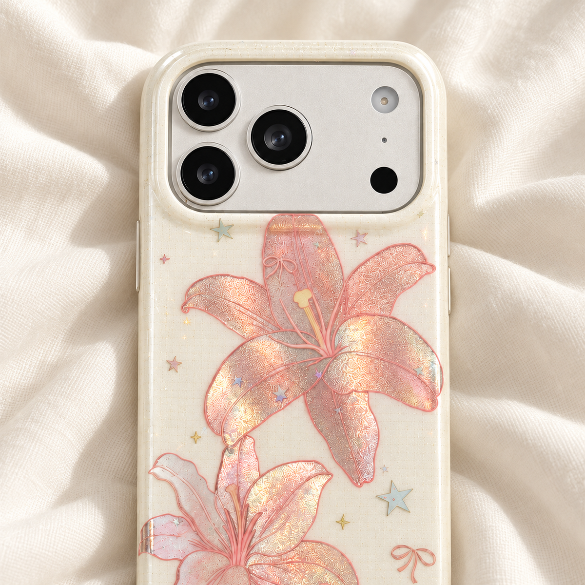 Blush Lily and Star case rear artwork detail resting on ivory cotton