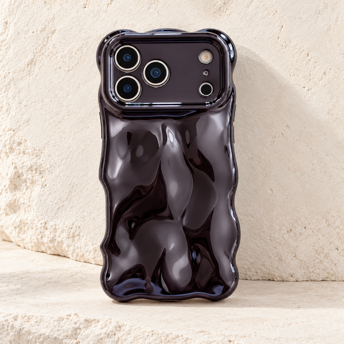 Liquid Chrome Wave iPhone case in Black shown from the rear.