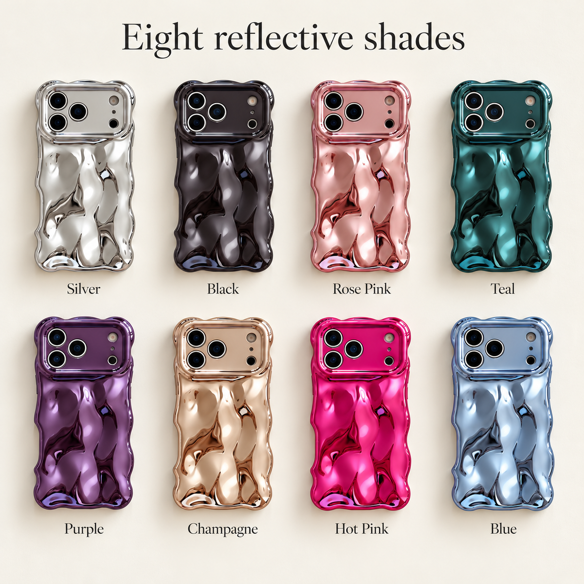 Colour guide showing Silver, Black, Rose Pink, Teal, Purple, Champagne, Hot Pink and Blue Liquid Chrome Wave cases.