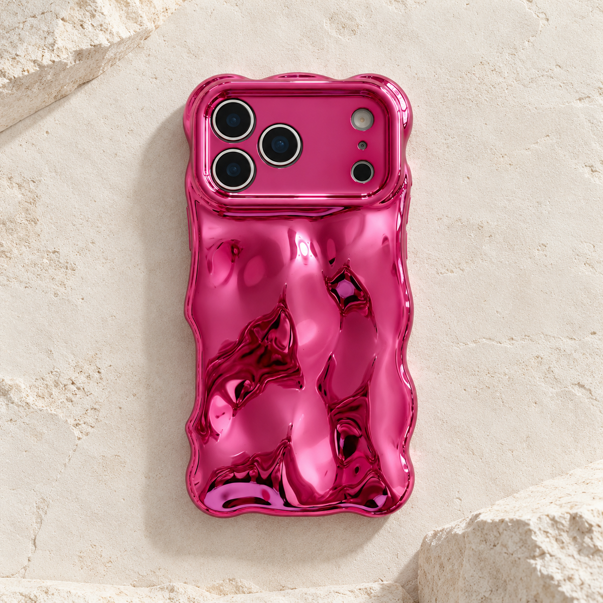 Liquid Chrome Wave iPhone case in Hot Pink shown from the rear.