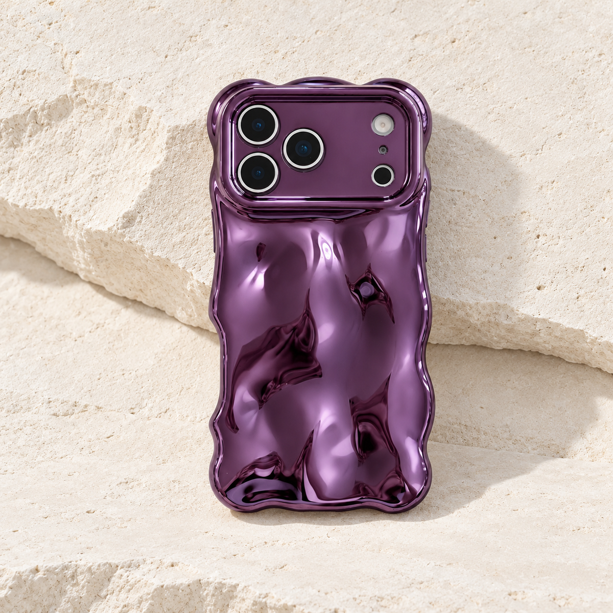 Liquid Chrome Wave iPhone case in Purple shown from the rear.