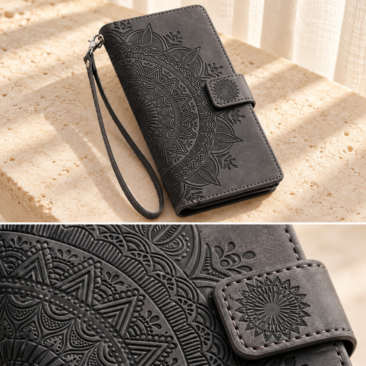 Lotus Mandala iPhone wallet case in Black showing the mandala embossing, sunburst tab and stitched edge