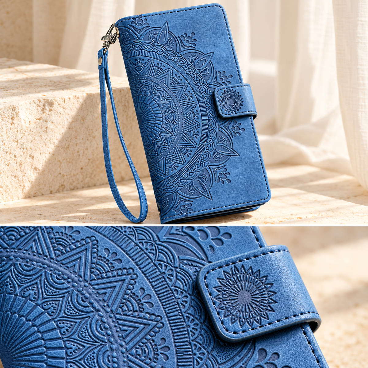 Lotus Mandala iPhone wallet case in Blue showing the mandala embossing, sunburst tab and stitched edge