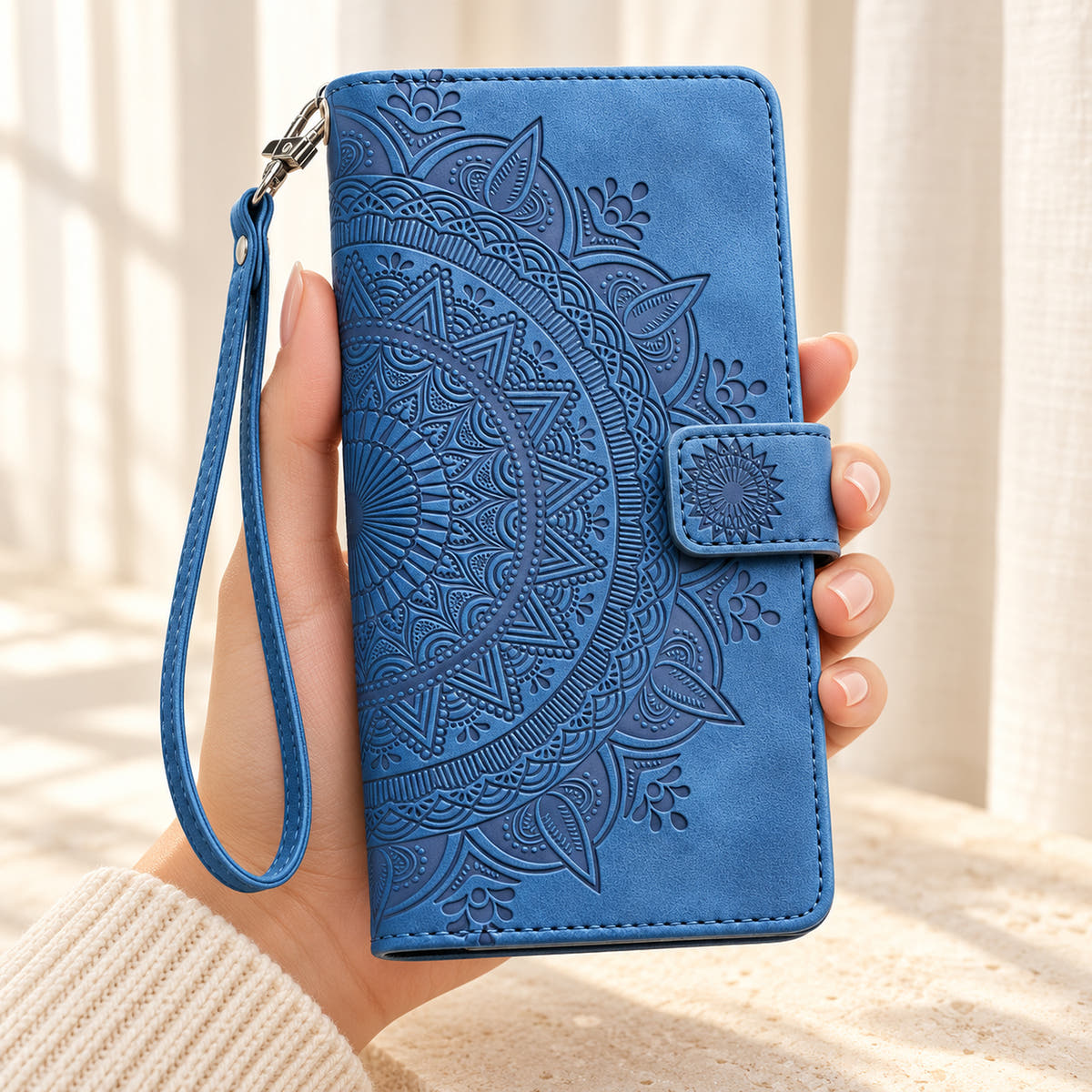 Lotus Mandala iPhone wallet case in Blue showing the embossed front and wrist strap held in a cream-sleeve hand