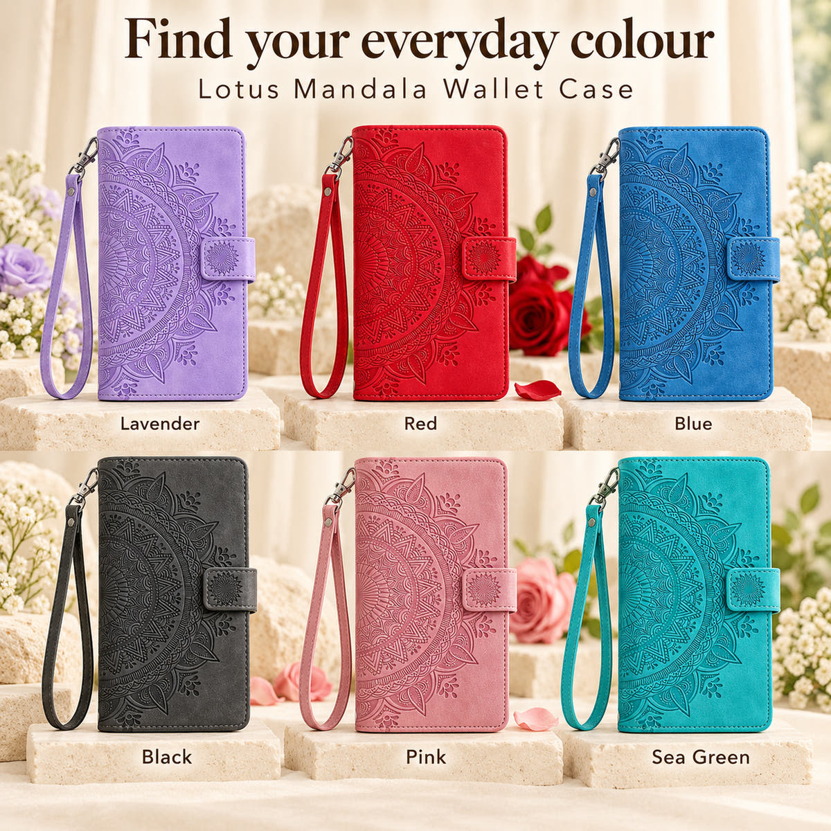 Six-colour guide for Lotus Mandala iPhone wallet case labelled Lavender, Red, Blue, Black, Pink and Sea Green