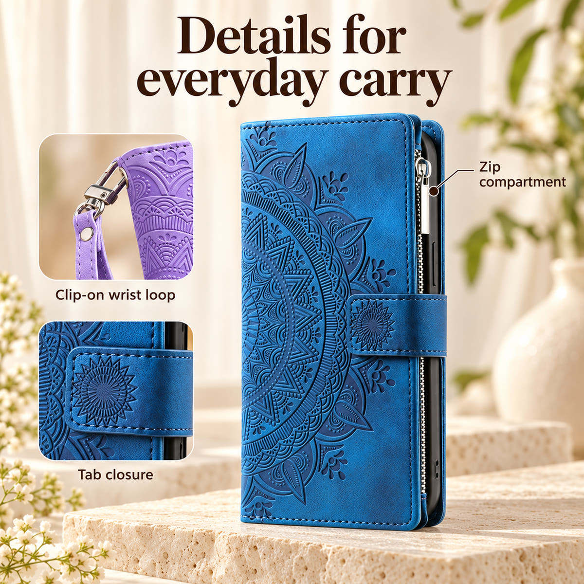 Lotus Mandala wallet case details showing the zip compartment, tab closure and clip-on wrist loop