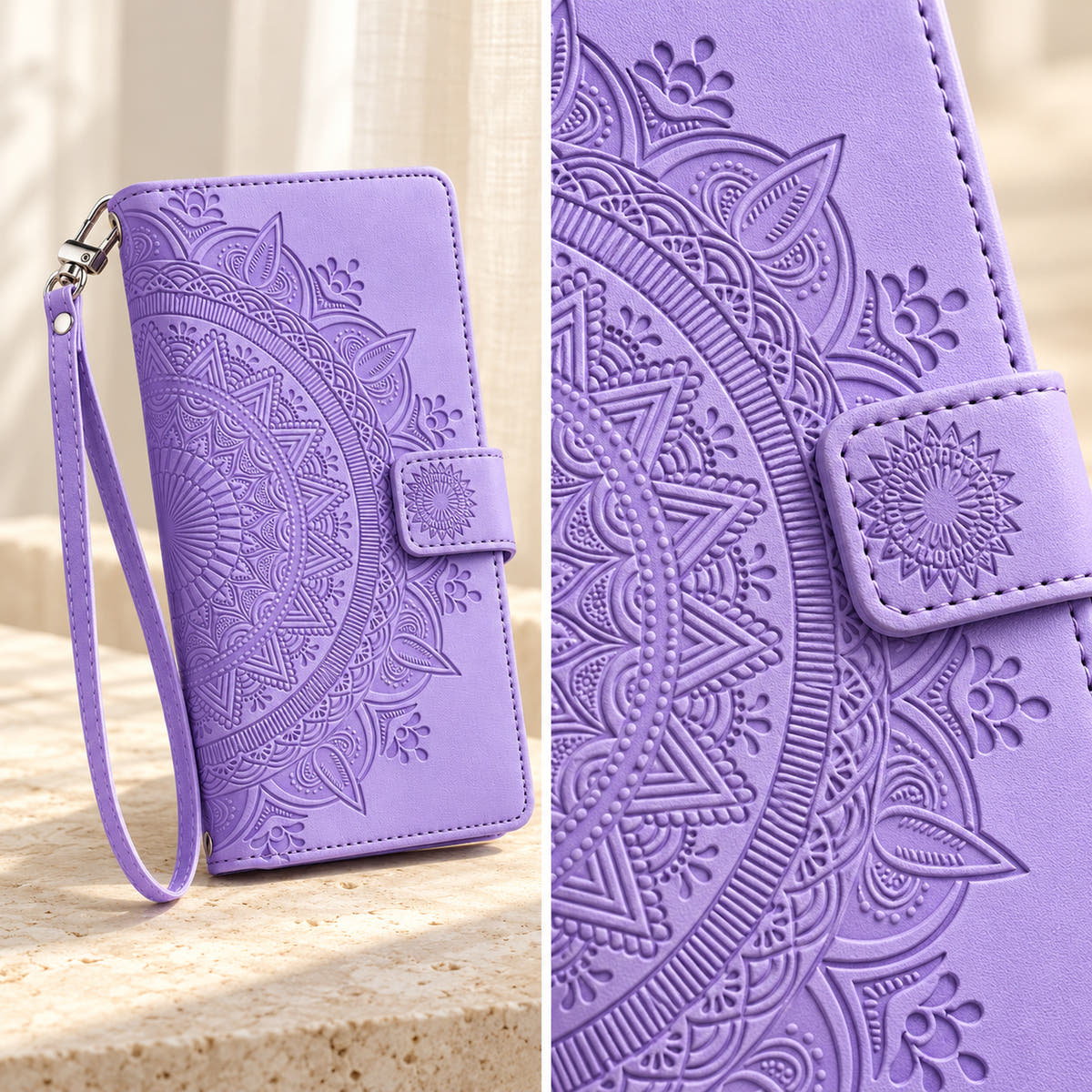 Lotus Mandala iPhone wallet case in Lavender showing the mandala embossing, sunburst tab and stitched edge