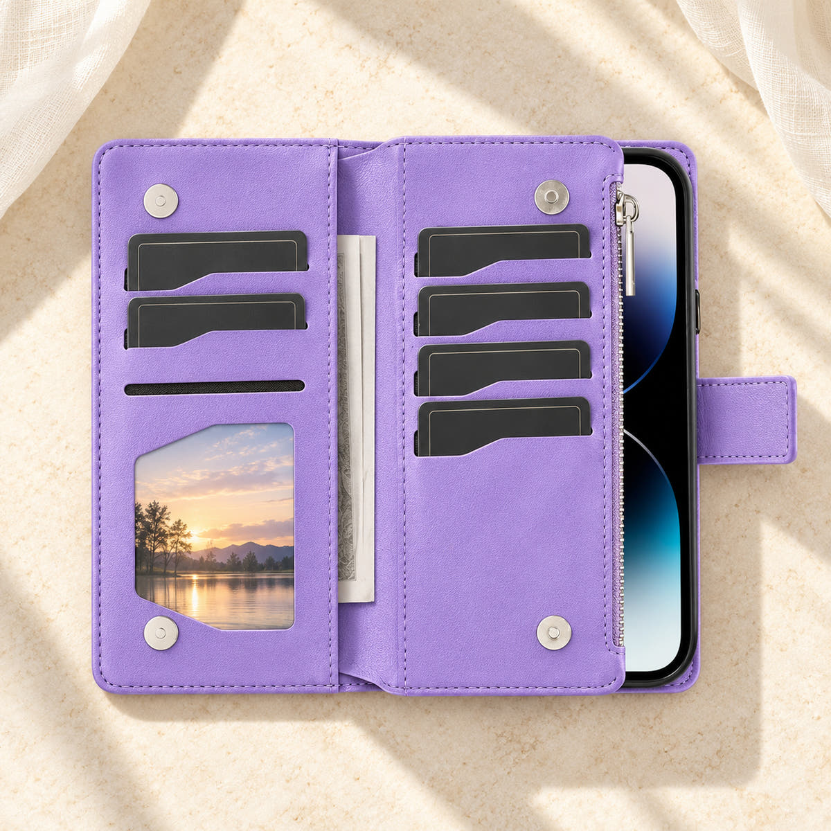 Lotus Mandala iPhone wallet case in Lavender showing the foldout card panels, photo window and notes sleeve