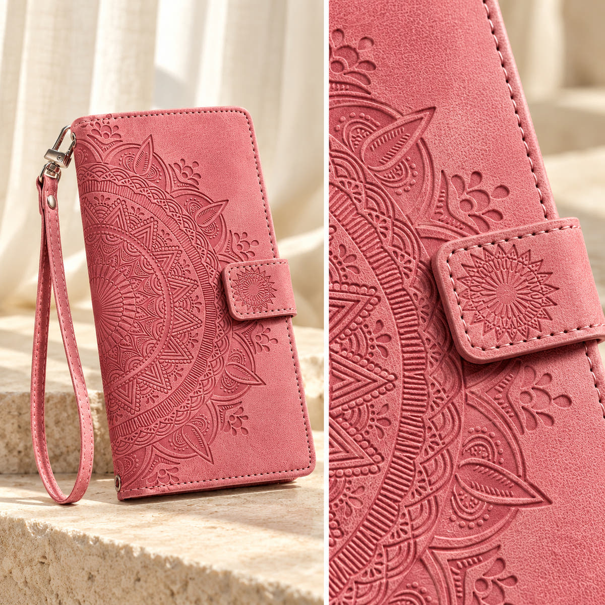 Lotus Mandala iPhone wallet case in Pink showing the mandala embossing, sunburst tab and stitched edge