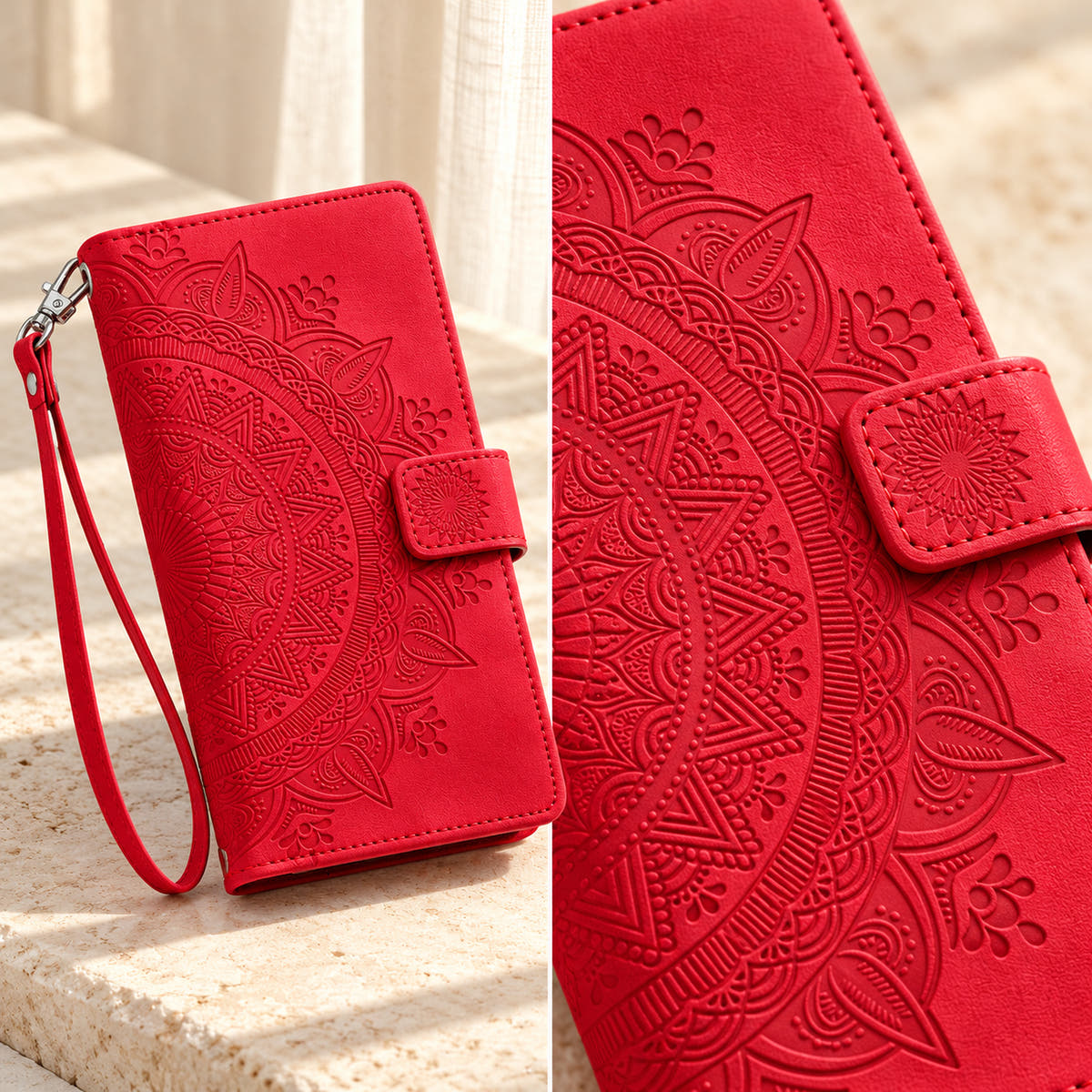 Lotus Mandala iPhone wallet case in Red showing the mandala embossing, sunburst tab and stitched edge