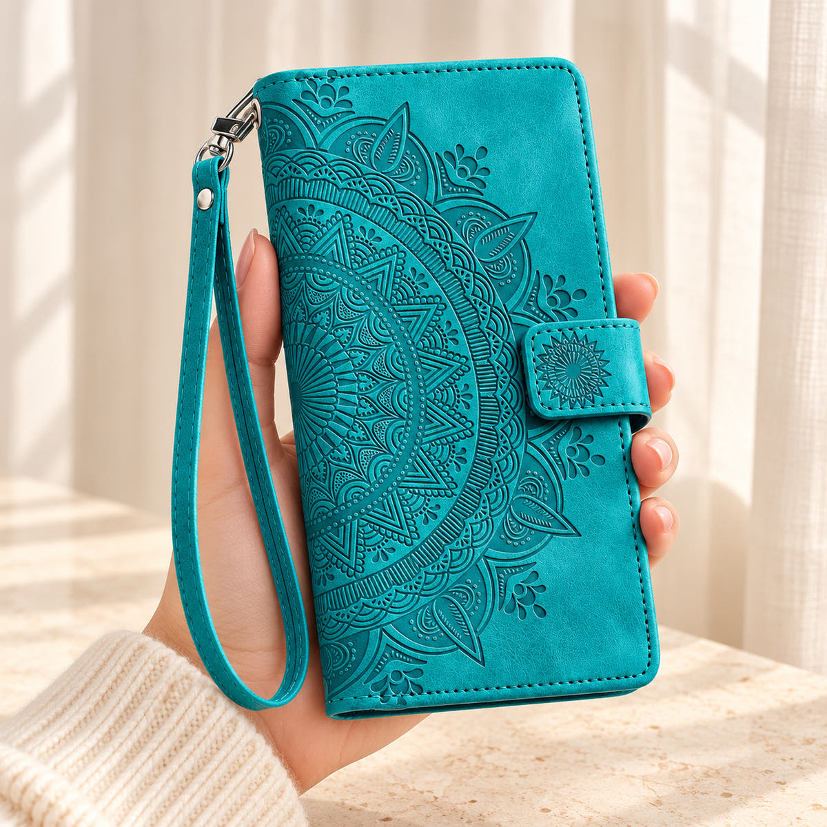 Lotus Mandala iPhone wallet case in Sea Green showing the embossed front and wrist strap held in a cream-sleeve hand