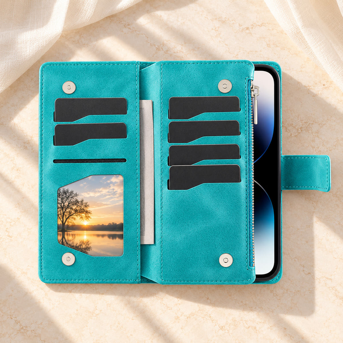 Lotus Mandala iPhone wallet case in Sea Green showing the foldout card panels, photo window and notes sleeve