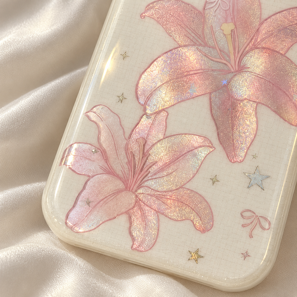 Lower lily and pale cream corner detail of the Blush Lily case.