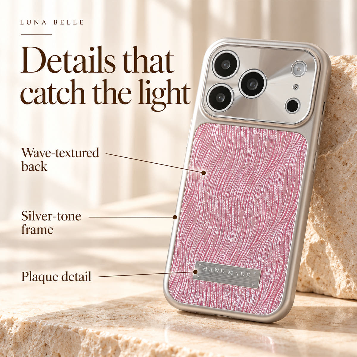 Luna Belle Pink case with labelled wave-textured back, silver-tone frame and plaque detail.