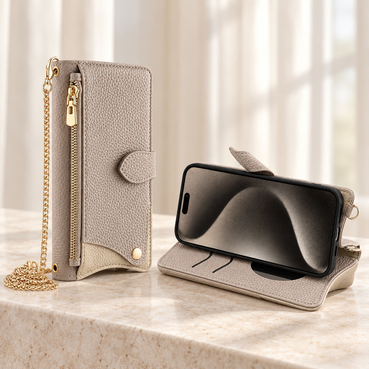 Luxe Colourblock iPhone wallet case in Beige folded into a landscape viewing stand