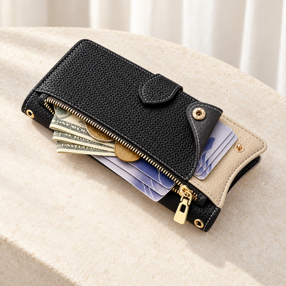 Luxe Colourblock iPhone wallet case in Black showing the open front zip pocket and press-stud card pocket