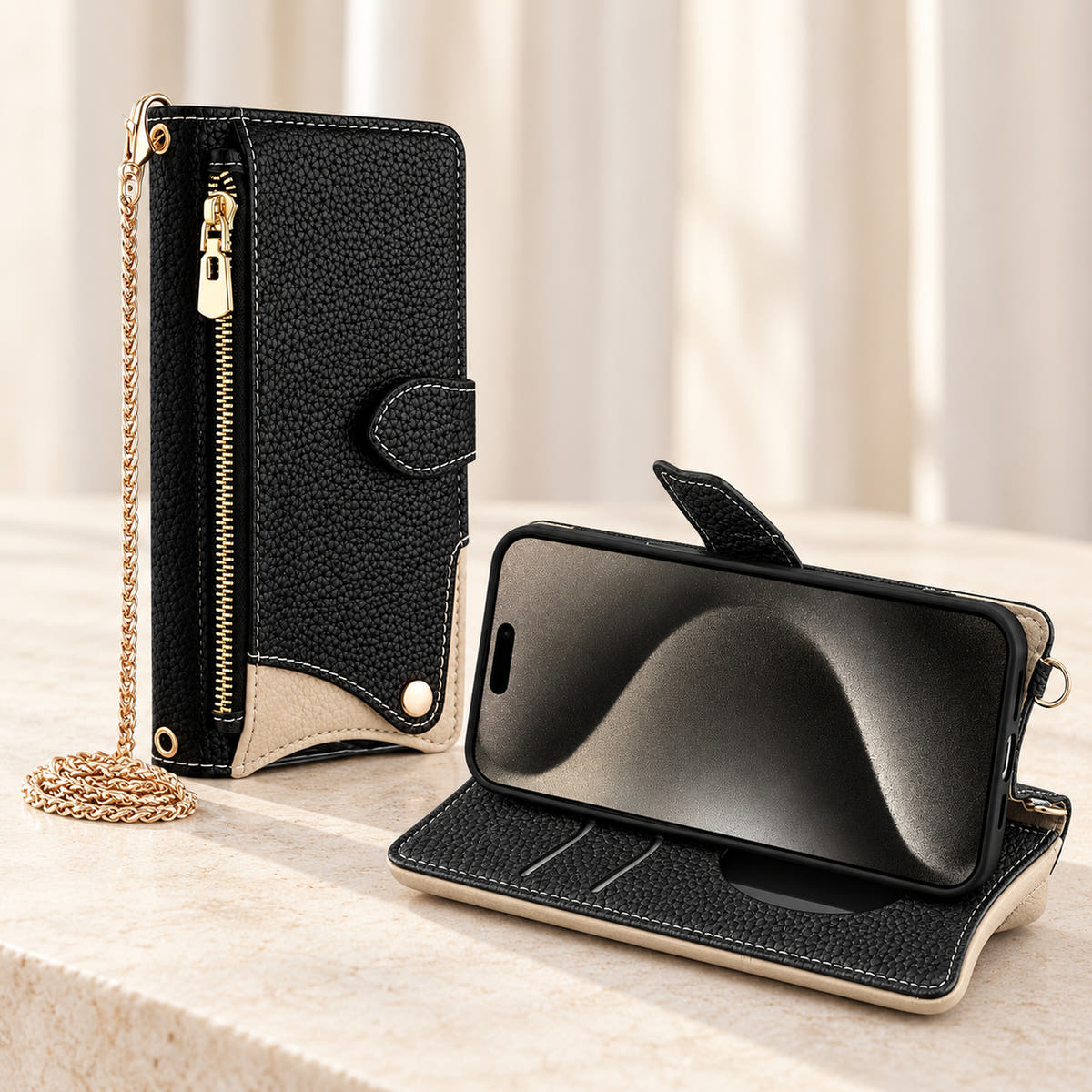 Luxe Colourblock iPhone wallet case in Black folded into a landscape viewing stand