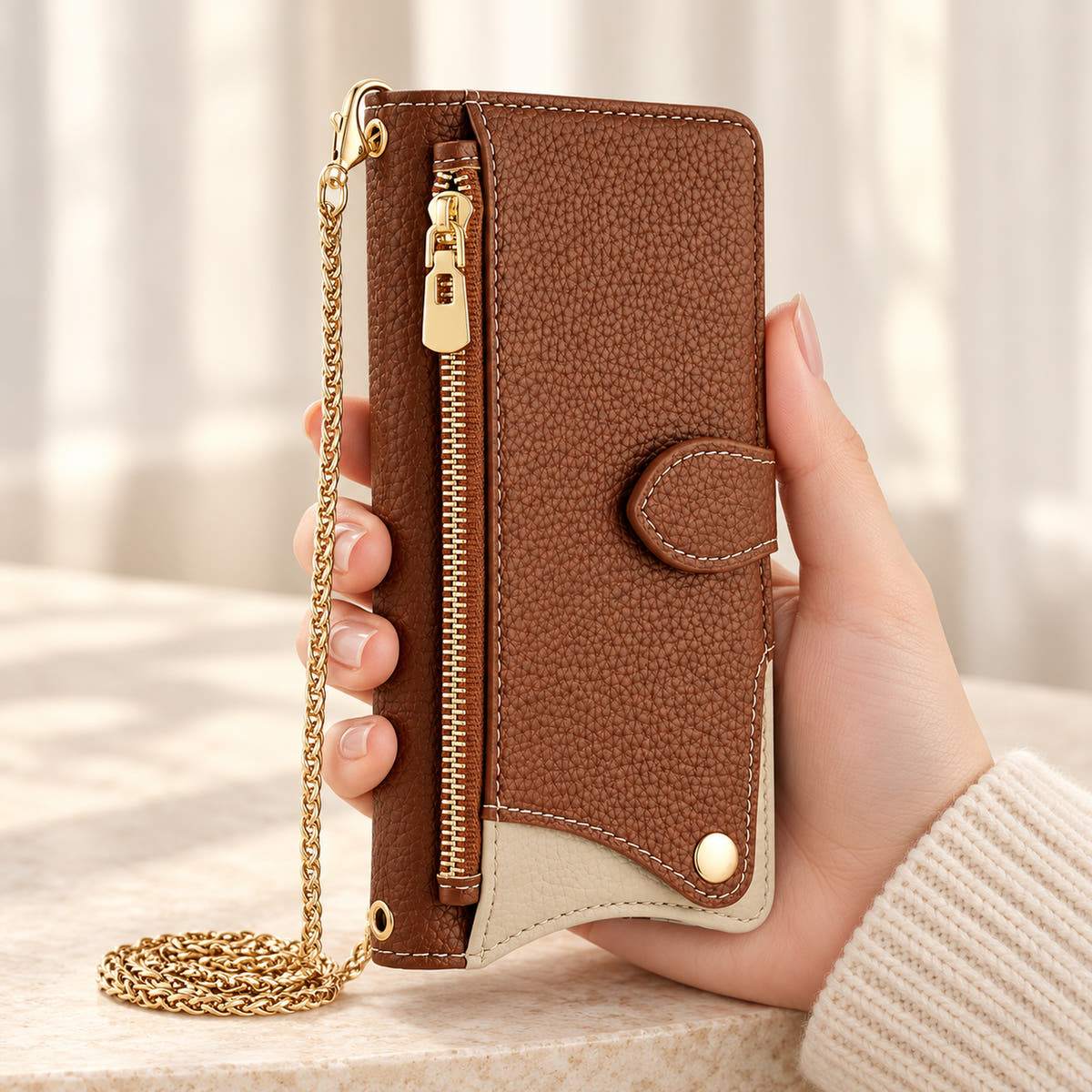 Luxe Colourblock iPhone wallet case in Brown held upright, showing the zip pocket, cream contrast panel and chain