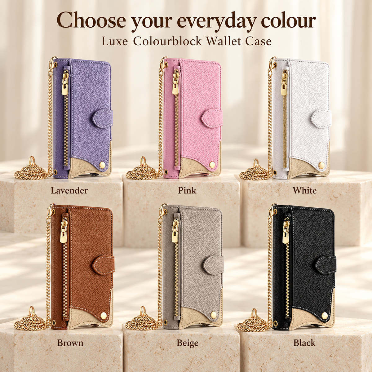 Six Luxe Colourblock iPhone wallet colours labelled Lavender, Pink, White, Brown, Beige and Black
