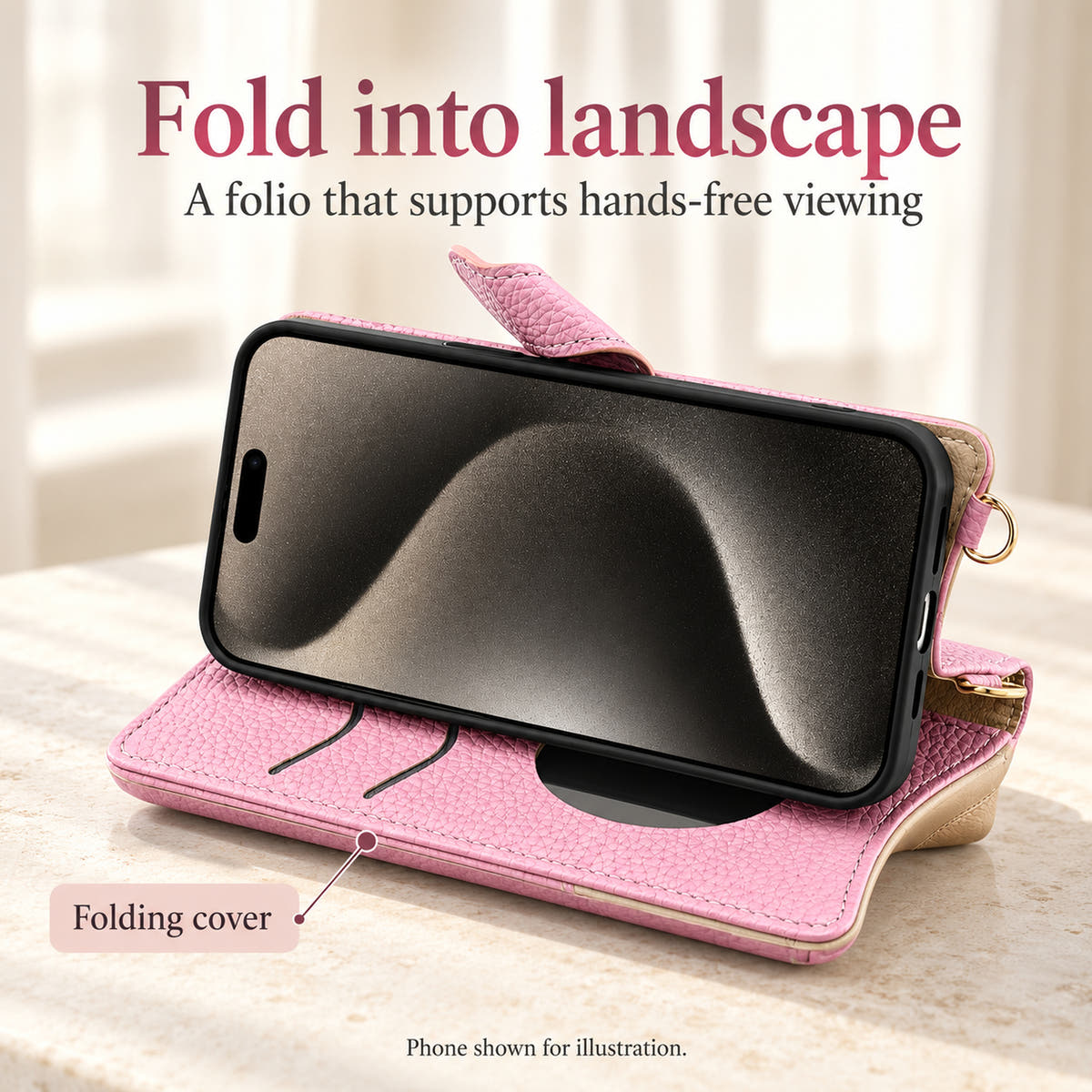 Luxe Colourblock wallet case information graphic showing the folding cover supporting landscape phone viewing