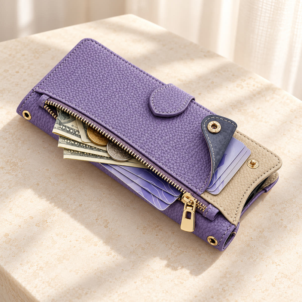 Luxe Colourblock iPhone wallet case in Lavender showing the open front zip pocket and press-stud card pocket