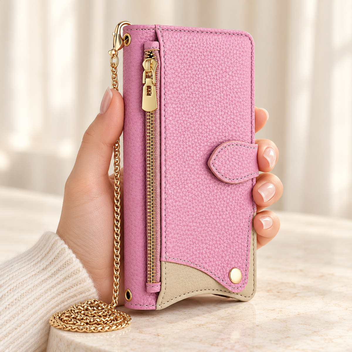 Luxe Colourblock iPhone wallet case in Pink held upright, showing the zip pocket, cream contrast panel and chain