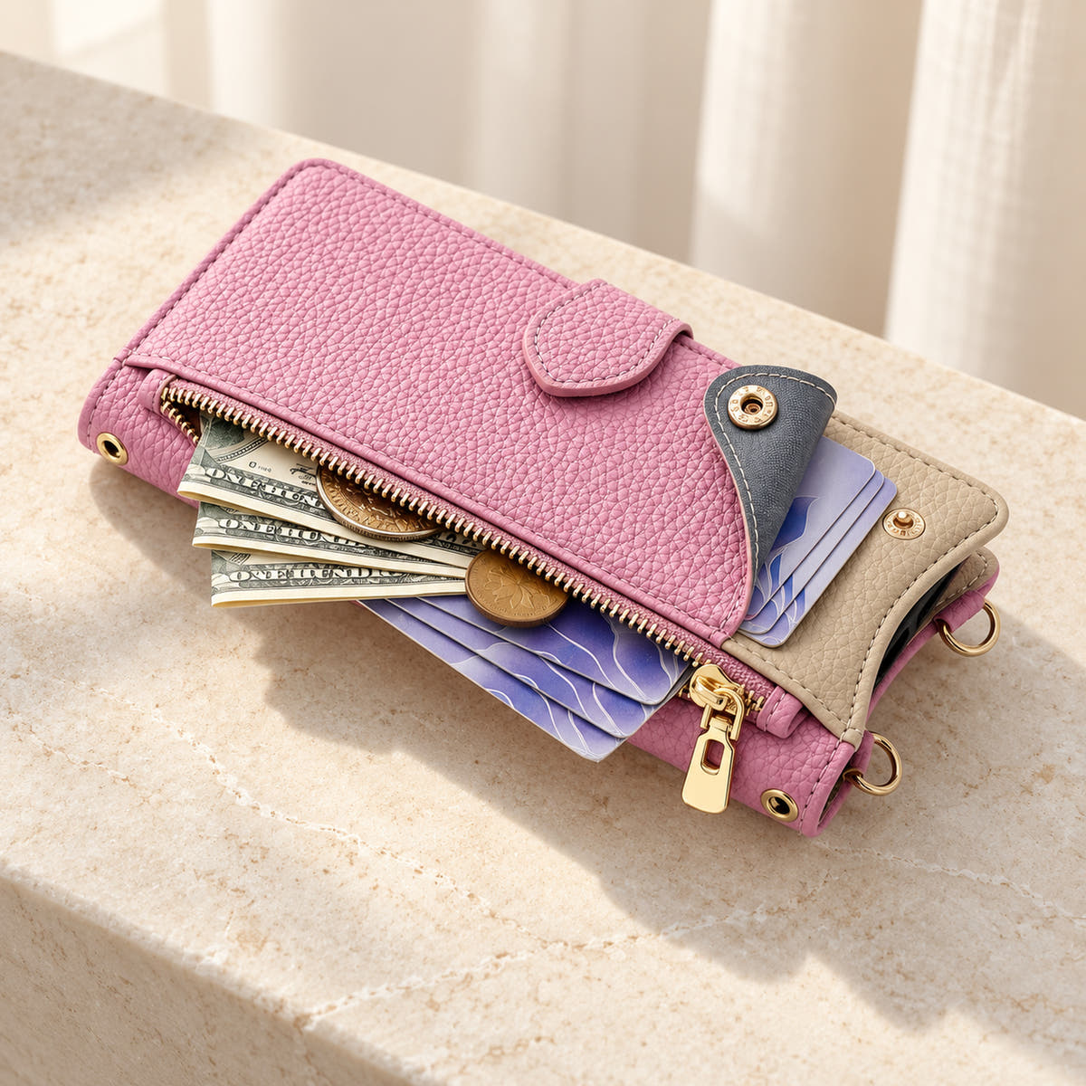 Luxe Colourblock iPhone wallet case in Pink showing the open front zip pocket and press-stud card pocket