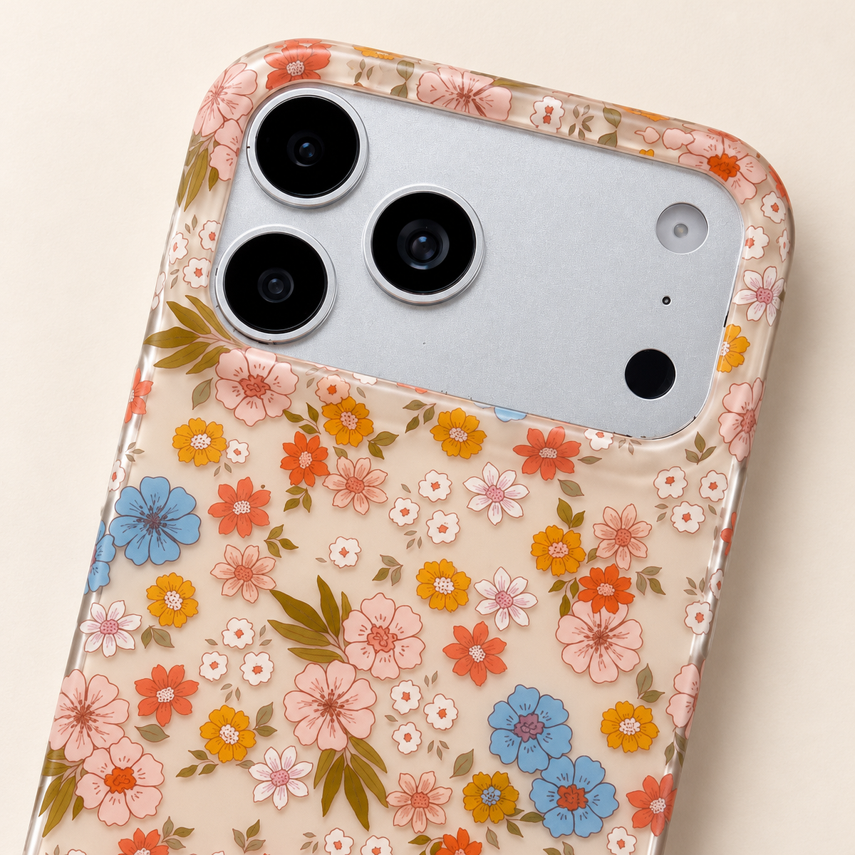 Meadow Floral iPhone case — printed camera surround close-up.