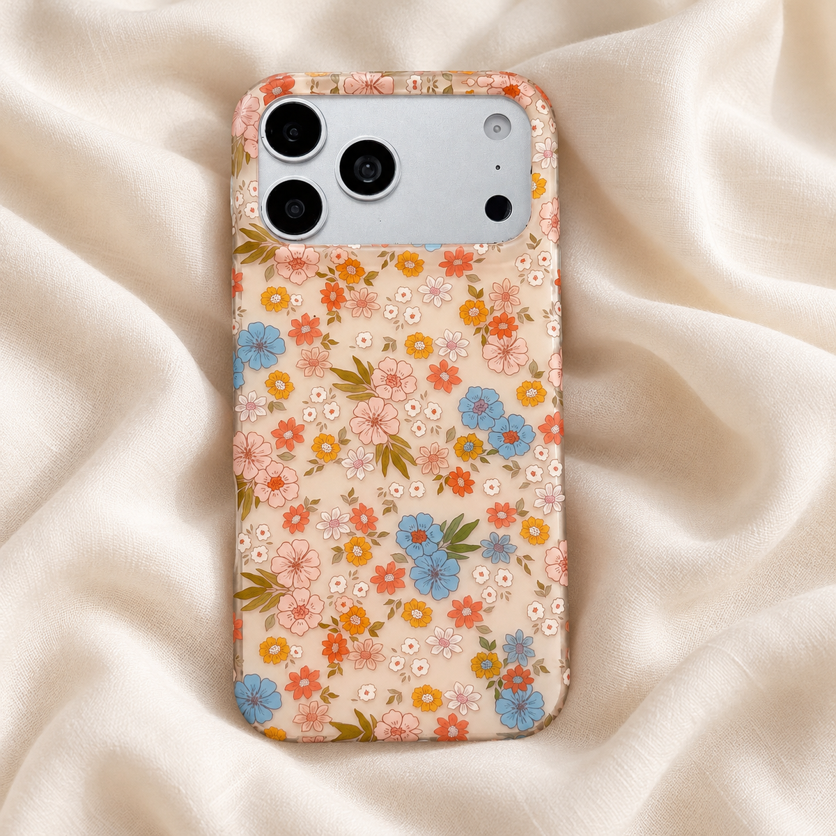 Meadow Floral iPhone case — floral case on ivory fabric.
