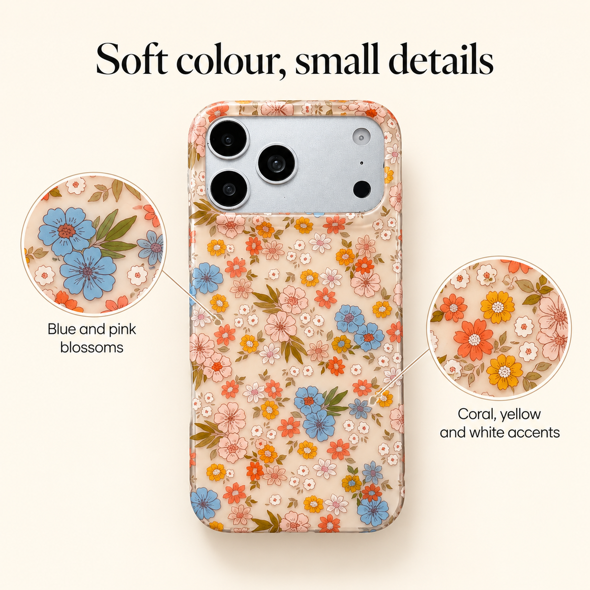 Blue and pink blossoms with coral, yellow and white accents in the Meadow Floral print.