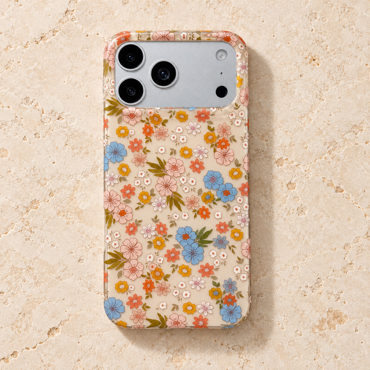 Meadow Floral iPhone case — overhead rear view on pale stone.