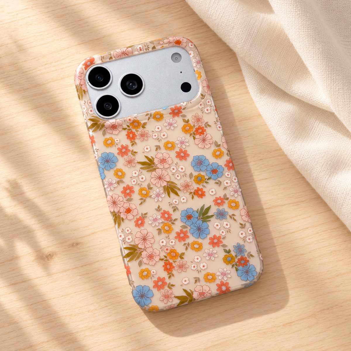 Meadow Floral iPhone case — diagonal tabletop view.