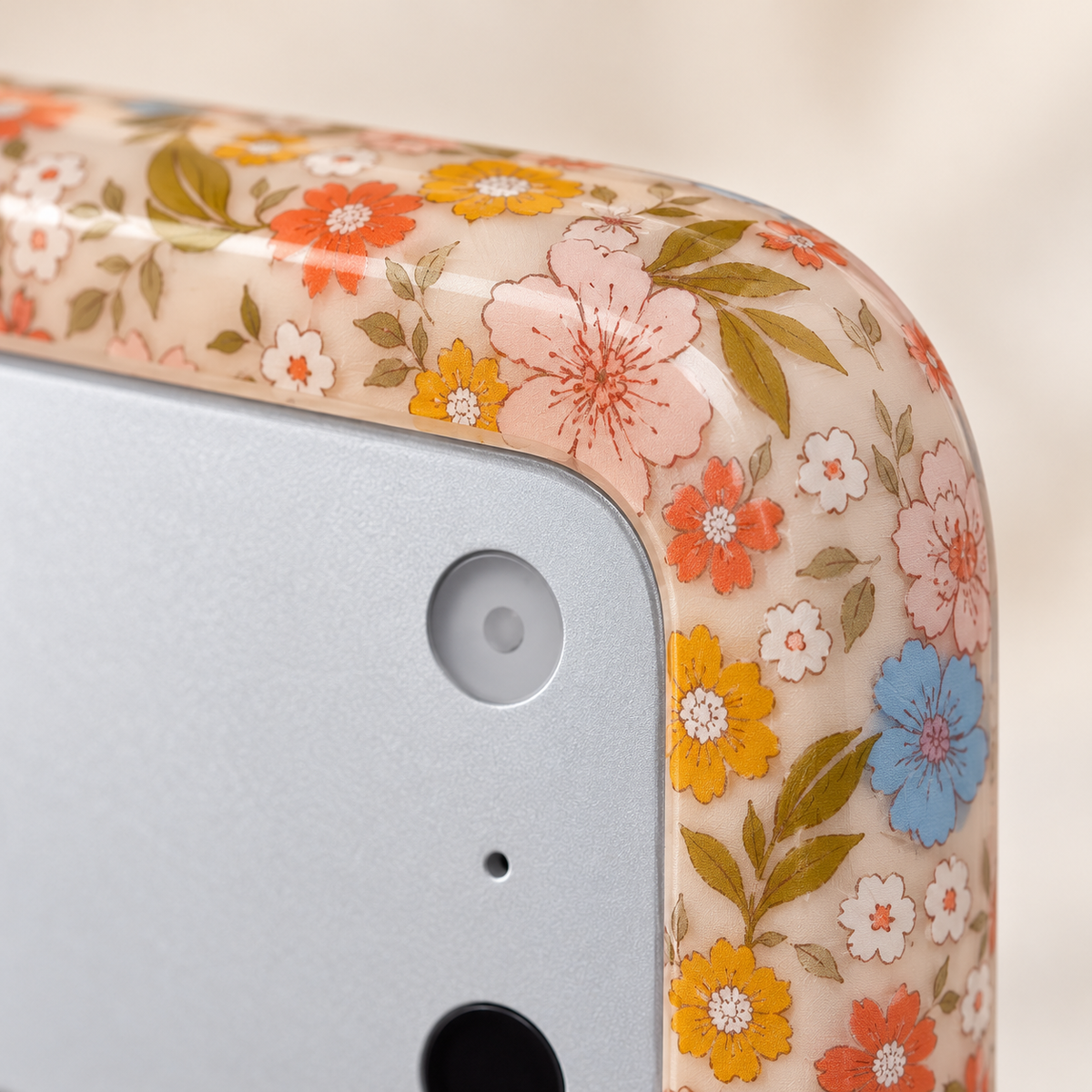 Meadow Floral iPhone case — upper corner and floral rim detail.