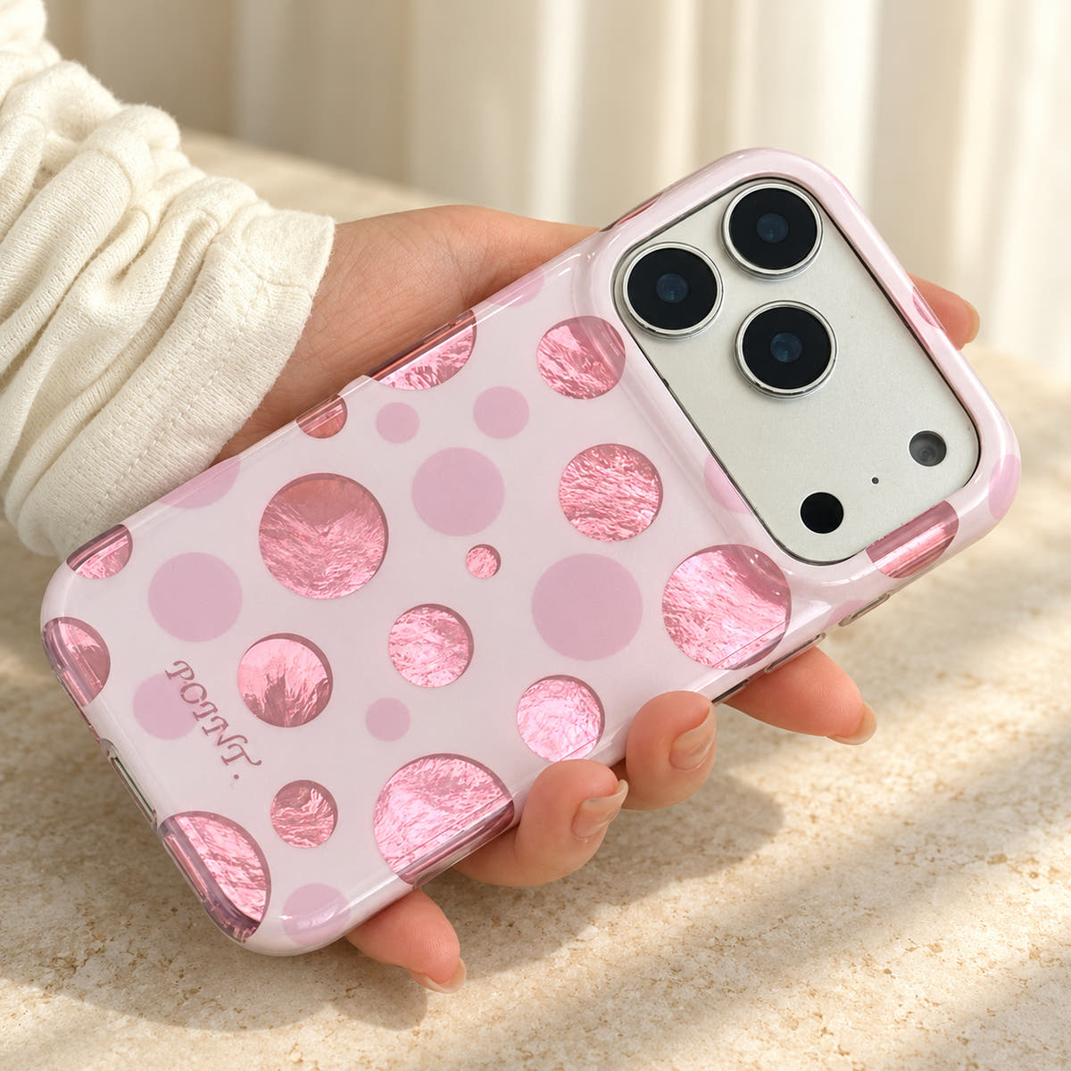 Metallic Dots & Stars iPhone case in Pink — pattern detail view