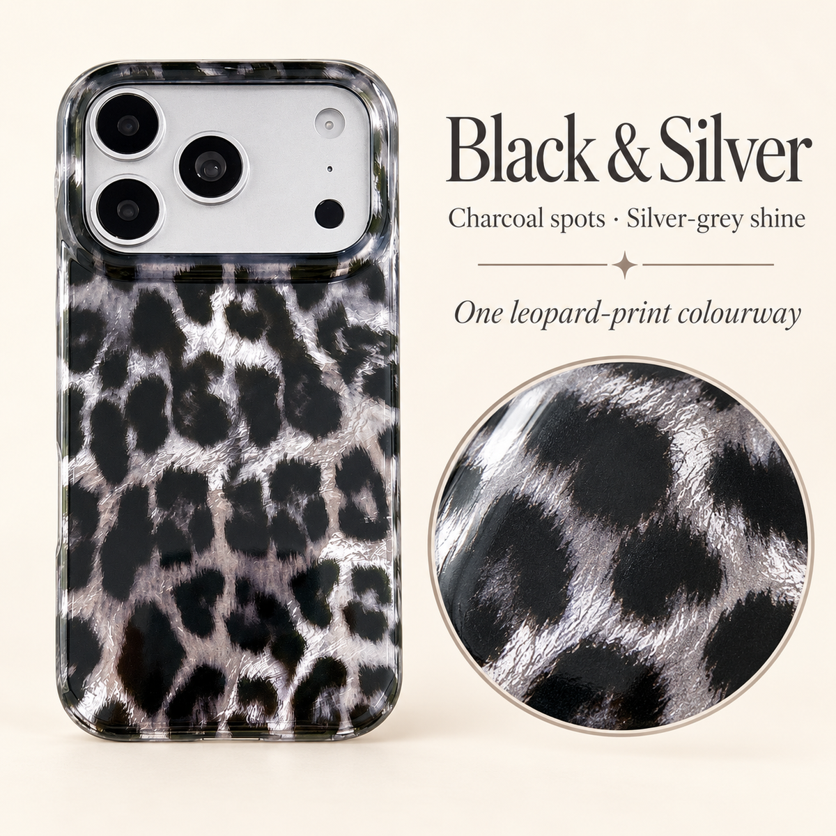 Black & Silver colour guide with the full leopard print case and a circular close-up of its charcoal markings and silver-grey finish.