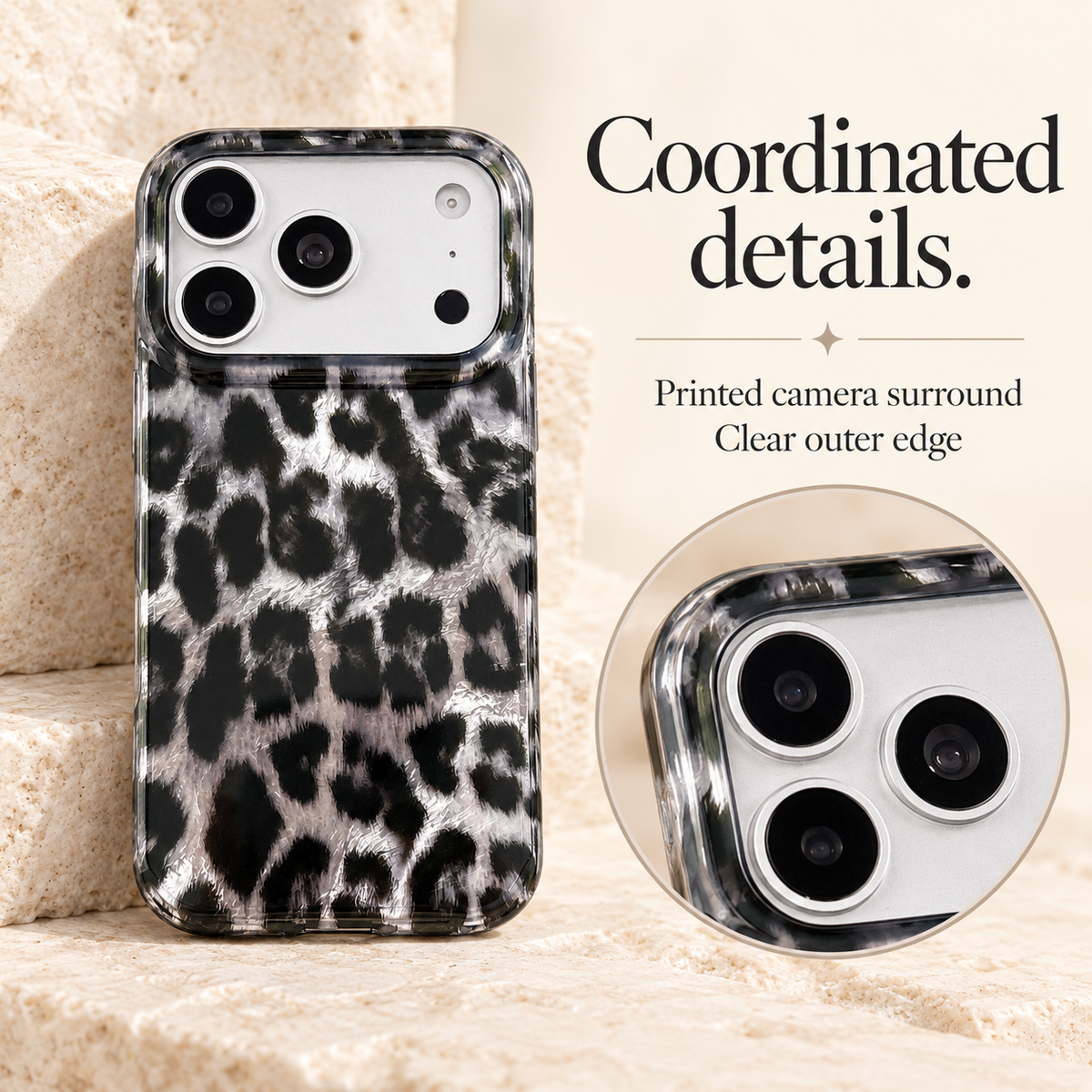 Full black and silver leopard print case beside a circular close-up of the printed camera surround and clear outer rim.