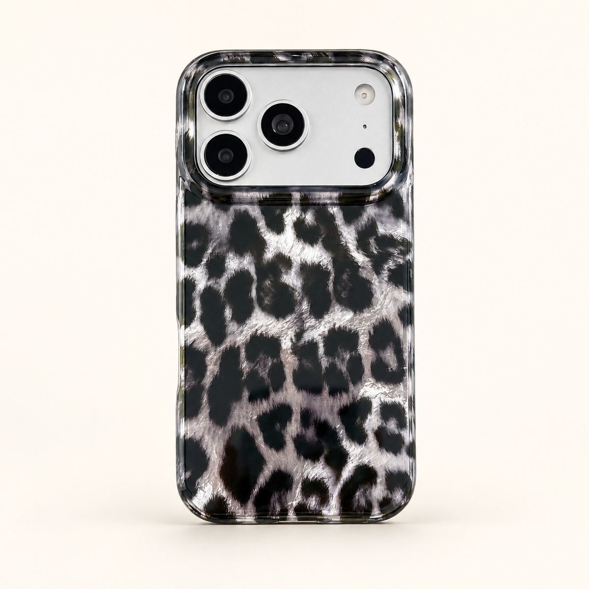 Straight rear studio view of the black and silver leopard print iPhone case.