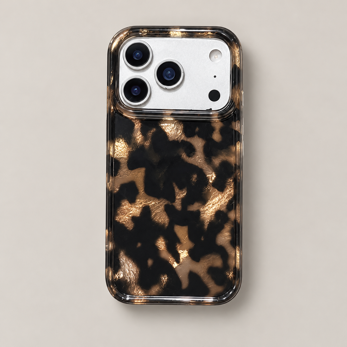 Dark Tortoiseshell iPhone case with black and warm brown mottled pattern — straight overhead rear view.
